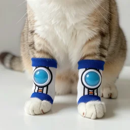 a full body still of a cat wearing futuristic designer socks on its paws