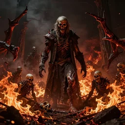 a photorealistic hyperrealistic render of a scary infernal scene by greg rutkowski, wlop, artgerm, dramatic lighting, fire, bones, strong shadows, volumetric, cinematic atmosphere, octane render, artstation, 8 k
