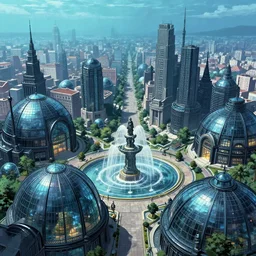 A beautiful city under the ocean made of black steel and glass domes, anime, fountain, statue, a fantasy digital painting by Greg Rutkowski and James Gurney, trending on Artstation, highly detailed