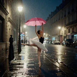 street of paris photography, night, rain, mist, only one prima ballerina dancing, a pink umbrella, cinestill 8 0 0 t, in the style of william eggleston