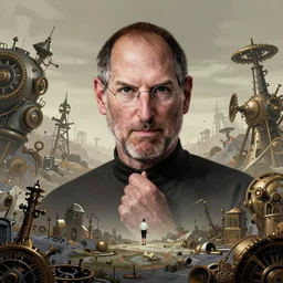 portrait of steve jobs levitating at the centre of the composition, steampunk landscape, illustration, high detail, artstation