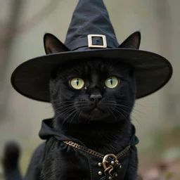 a black cat wearing a witch hat, hyperrealistic, concept art, octane render, unreal engine 5, trending on deviantart, highly detailed, high quality, 8 k, soft lighting, cute, natural lighting, realistic face, trending on artstation, elegant clothes