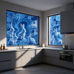 modern kitchen, windows, cast shadows. fractal bunnies, blue intricate environment, art by victo ngai, rossdraws, greg rutkowski, thomas kinkade, ilya kuvshinov, peter mohrbacher, craig mullins. unreal engine 5, blender, octane, ray tracing, dramatic studio lighting, sharp focus, masterpiece, post processing