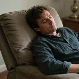 a depressed men leans back in a recliner, super detailed