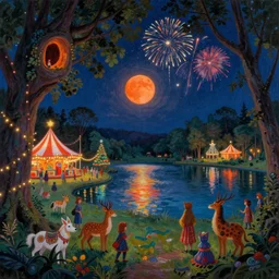 a night carnival around a magical tree cavity, with a surreal orange moonlight and fireworks in the background, next to a big lake with iridiscent water, christmas lights, folklore animals and people disguised as fantastic creatures in a magical forest by summer night, masterpiece painted by edward robert hughes, dark night environment