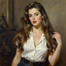 woman, long hair, ultra detailed, by greg hildebrandt fancy oil painting high quality clothed in pin up style