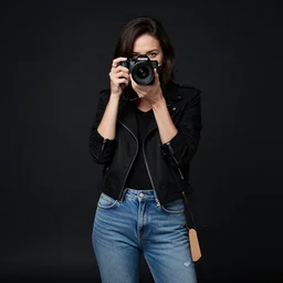 a woman in black jacket and jeans holding a camera, a photo by Camille Souter, shutterstock, art photography, studio photography, stylish, black background