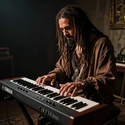 photo of a gypsy musician playing electronic music on his Yamaha synthesizer, synthwave, expressive,