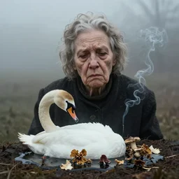 photographic portrait of wrinkly sad max ernst young woman swan dried melting floral fungus with spiraling cigarette smoke, in fog