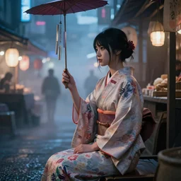 a girl in kimono is sitting in the old market, wind chime, cyberpunk and neon, dim lighting, epic, foggy, volumetric light, realistic render, super detailed, 8 k, hideaki anno's drawing style,, digital painting, artstation, concept art, sharp focus,