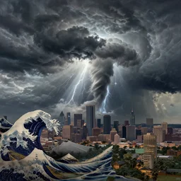 an ultradetailed landscape painting of a tropical storm over houston, looming ominous over a city, hurricane, lighting, tornados, intricate detail, cinematic, 8 k, cel shaded, volumetric lighting, octane render, art by greg rutkowski, jeong seon, hokusai