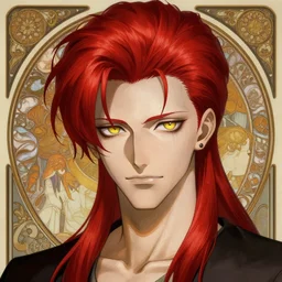 portrait of hisoka morow hunter hunter, male, sharp jaw yellow eyes narrow sultry eyes red hair soft bunched hair swept back crimson medium length hair, anime, fantasy, intricate, elegant, highly detailed, digital painting, artstation, concept art, matte, sharp focus, vaguely david bowie inspired art by artgerm and greg rutkowski and alphonse mucha