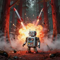 picture of tin toy robot in a redwood forest, explosions, rockets, bombs, sparks, haze, fog art by ismail inceoglu and filip hodas. matte painting, tenebrism, vaporwave style, artistic render