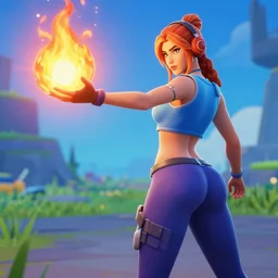 Fortnite style ; the sorceress casting a fire ball ; Fortnite style; thight clothes; smallest waist; largest hips