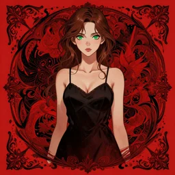 gorgeous woman with brown hair and green eyes, wearing a camisole, full body portrait, red and black color palette, in the style of and ilya kuvshinov and greg rutkowski, high quality anime artstyle, intricate