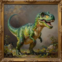 a green anthropomorphic tyrannosaurus, art by jesper ejsing, adorable and whimsical, oil on canvas, photorealism, ornate detail
