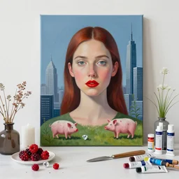 “ a portrait in a female art student ’ s apartment, a berry and a big diamond, a red herring, skyscraper, pork, art supplies, paint tubes, palette knife, pigs, ikebana, weeds, white wax, squashed berries, acrylic and spray paint and oilstick on canvas, surrealism, neoexpressionism ”