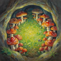painting of a colorful fungus garden in a cave, top-down view, Hiroo Isono