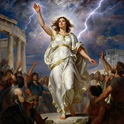 Full body oil painting of the beautiful woman Gal Gadot, she is wearing some withe ancient roman cloths and a surreal ornate, her hair is natural disheveled, she is approaching heaven, she is in the Parthenon in Athens while people are claiming for her, she is attracting lightnings, naturalism, dramatic lighting, high-detailed oil painting by Ilya Repin, Michelangelo da Caravaggio, William Blake, Alex Grey and Beksinski, trending on Artsatio, hystorical painting, masterpiece, 4k, 8k,