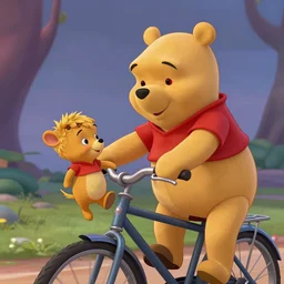 terminator 2 still, winnie the pooh with red eye and metall side face as terminator on bike, saving pigglet as john connor, cartoon pixar, high detail, disney