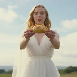 Anya Taylor Joyholding up an empanada with her hands. Godess epic white dress lightfull sky cinematic
