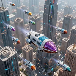 one hundred miniature spaceships made of multi-colored glitter fly between skyscrapers in a cyberpunk city of the future