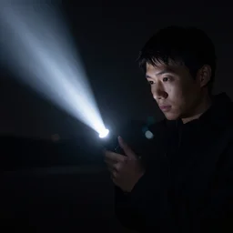 man holding a bright flashlight at night