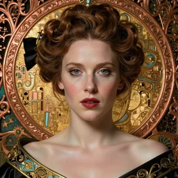 face centered portrait, artwork by james jean, hyperdetailed realistic smooth polished porcelain, millie bobby brown as beautiful russian queen, jean delville, art nouveau, gustav klimt, ornate copper patina gothic icon, james jean, ultrasharp hyperdetailed photorealistic octane render