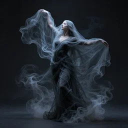 professional concept art ethereal ghostlike valkyrie figure wrapped in dark smoke robes and silk veils by ilm, paolo roversi, nick knight, amy judd, fluid simulation in houdini, beautiful simplified form dancing with turbulent movement, dark studio background, vivid, romantic, trending on artstation, hyperrealism, matte painting, dutch golden age, fine detail, cgsociety