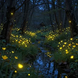fireflies around water inspired by Evgeny Lushpin,flower meadow,spring,cinematic,trending on ArtStation