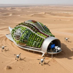 aerial view of desert terraformation project, venus project,  with snail-shaped biomimetic architecture, vertical vegetable gardens, robotic drones, XF IQ4, 150MP, 50mm, F1.4, ISO 200, 1/160s, natural light