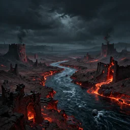 wide open landscape in hell, river styx, lava, ruins, fortresses, dark sky, hellscape, digital art