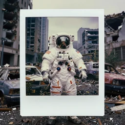 faded photographs of american white spacesuit astronaut in postapocalyptic abandoned destroyed toronto centre, wrecked buildings, destroyed flipped wrecked cars, polaroid photo, vintage, neutral colors, rainy day, by gregory crewdson