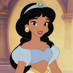 a portrait of princess jasmine, in style of Claire Keane, Marc Davis, James Baxter and Mark Henn