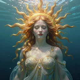 hyperdetailed underwater portrait of the sun goddess of light by greg rutkowski, cinematic lights, highly detailed, digital painting, artstation, smooth, sharp focus illustration, artstation hq. intricate, elegant. art by wlop and artgerm and greg rutkowski, alphonse mucha, medium shot. dan mumford, tomokazu matsuyama, takato yamamoto