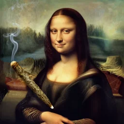 A portrait of mona lisa, holding a giant weed joint, smoke, 8k, hyper-detailed, cinematic