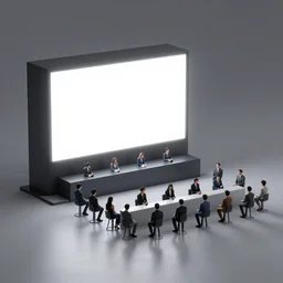 digital concept art of a very small!!! dark futuristic show venue with a large bright screen in front of twenty people, grey, realistic, octane render, high detail, environment, sharp focus, artstation