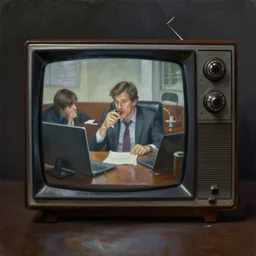 dark oil realistic painting a huge retro television is showing drunk office, oppressive atmosphere