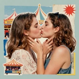 two women kissing at a carnival, mixed media collage, retro, paper collage, magazine collage, acrylic paint splatters, bauhaus, abstract claymation, layered paper art, sapphic visual poetry expressing the utmost of desires by jackson pollock