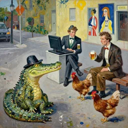 a crocodile with a hat looking at two men in costume drinking beer with computer and talking to chickens in the street by artist joakim ojanen and robert crumb and hilma af klint and philip guston, psychological, photorealistic, dripping paint, washy brush, rendered in octane, altermodern, masterpiece