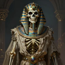 “Male skeleton who was once an Egyptian prince, wearing a raggedy robe and a sinister grin on his face, D&D, fantasy, intricate, cinematic lighting, highly detailed, digital painting, artstation, concept art, smooth, sharp focus, illustration, art by Artgerm and Greg Rutkowski and Alphonse Mucha”