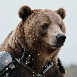 an immaculate high key lighting headshot rendering of a cybernetic grizzly with embedded LEDs, a cybernetic eye, and an exoskeleton.