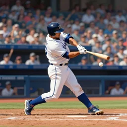 baseball player hitting the ball with the baseball bat in the middle of the game and in front of everyone in the stadium, james gurney painting style, greg rutkowski, artstation, octane render, unreal engine 5