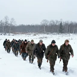 movie still by tarkovsky of a crowd of hunters walking with difficulty in a swamp with snow and muguets, cinestill 8 0 0 t 3 5 mm b & w, heavy grain, high quality, muddy, foggy
