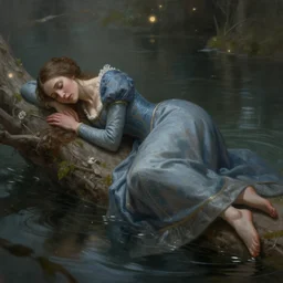 full body pose of lady of shalott laying in a river, sadness, longing, sharp focus, intricate, elegant, digital painting, artstation, matte, highly detailed, concept art, illustration, volumetric lighting, bokeh light, art by greg olsen and liz lemon swindle