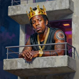 palette knife oil painting portrait of jay - z, a king - with gold crown with rubies, man in mafia wear and australian aboriginal body paint, concrete balcony, nightclub, artstation trending, artgerm, any racial background, deviant art, hipster, octane, substance, art history 8 k