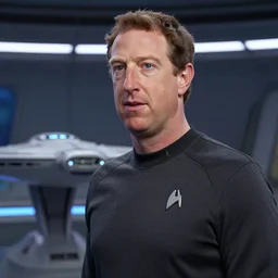highly detailed picture of mark zuckerburg who looks like lt commander data on the tv show star trek on the enterprise bridge