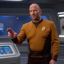 ultra - realistic photo of jason statham as jean luke picard telling the bridge of the enterprise to engage.