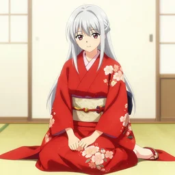 beautiful girl, silver hair, red kimono with flower patterns, sitting, detailed, looking to camera, full body shot, 2m distance, ilustration by Takehiko Inoue ((and Krenz Cushart))