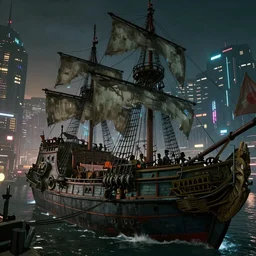 a battered pirate ship pulls into the port of night city cyberpunk 2077 in the evening with dim neon city light in the background, close up, ultra realistic, octane, high energy